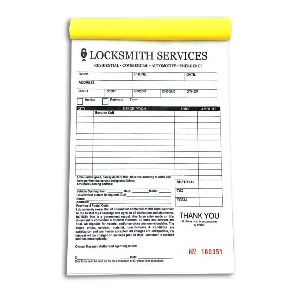 KeyDirect - Locksmith Invoice Book / 50 Invoices Double Copy / Wrap Around Divider