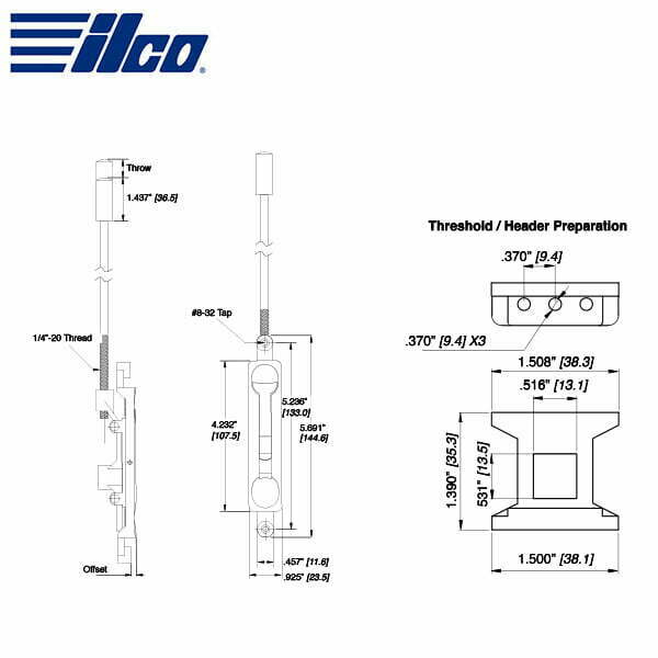 ILCO - FLB Series Flush Bolt / 5/8" Throw - 1/8" Offset - 16" Rod / Aluminum